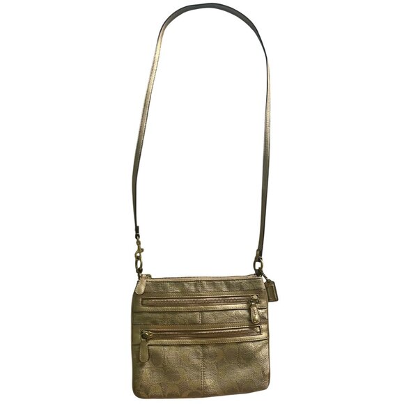 Coach Signature Stripe Metallic Crossbody Bag Gold Jacquard Lime Lining - Picture 5 of 16